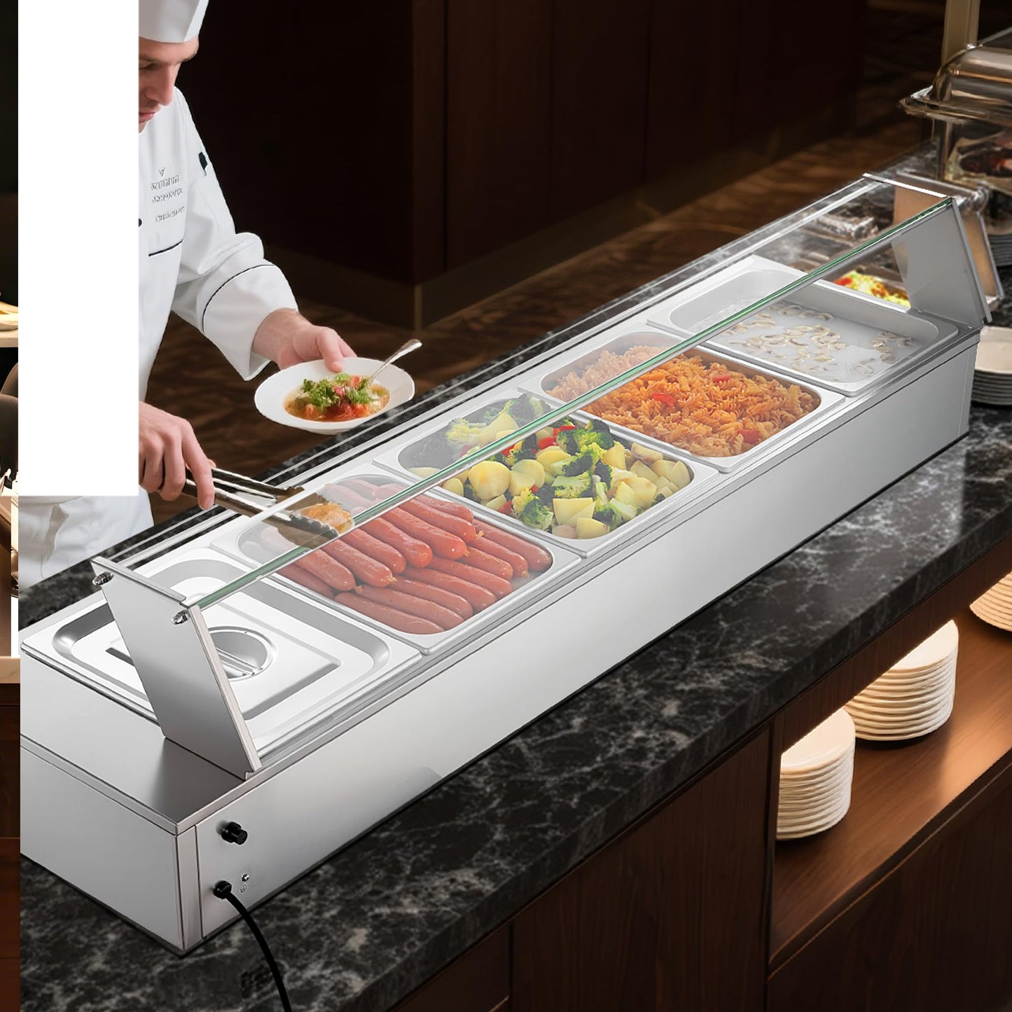 VEVOR Commercial Food Warmer, 1500W Electric Stainless Steel Steam Food Warmer with Glass Cover, Countertop Buffet Bain Marie with Five 1/2 Size Food Pans, for Catering, Restaurant, Party & Buffets