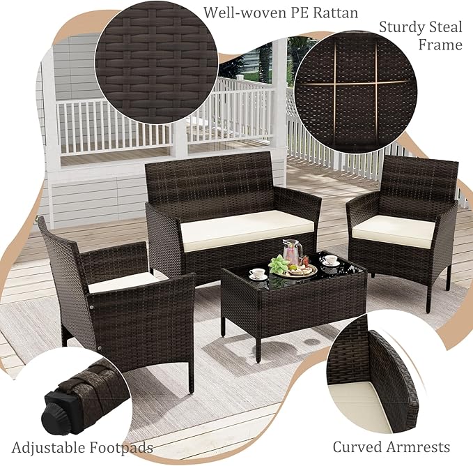 KOTEK 4 Piece Patio Furniture Set, Outdoor Rattan Conversation Set with Loveseat, Wicker Chairs, Tempered Glass Coffee Table, Wicker Patio Set for Backyard, Porch Beige