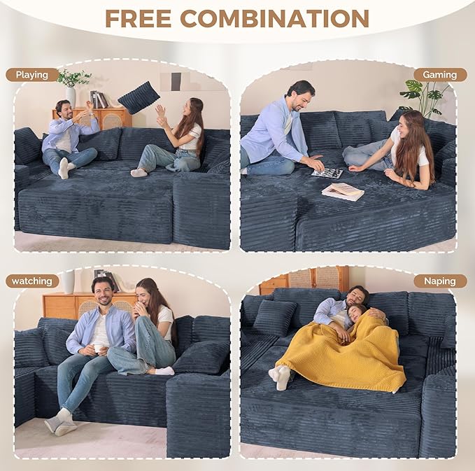 136'' Large Sectional Cloud Couches with Chaise, U Shaped Boneless Sofa Bed with Ottoman, No Assembly Required Deep Seat Modular Lounge for Living Room 4PCS Set, Bedroom(Grey)