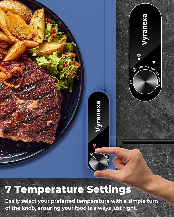 Warming Mat for Food - Space-Saving, Fits Two Baking Dishes, 7 Temp Settings, 4h Auto Shut-Off, Durable Silicone Surface, Easy to Clean, Perfect for Parties and Everyday Use (Blue, Medium)