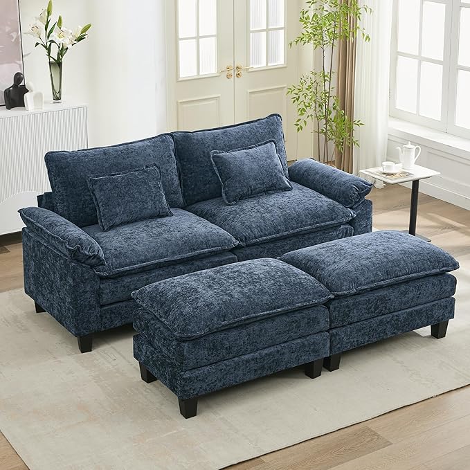 URRED Cloud Couch Modular Sectional Sofa, 87" Modern Loveseat Sofa with 2 Ottomans & Pillows, Ultra Comfy Chenille Couches for Living Room, Bedroom or Apartment, Blue