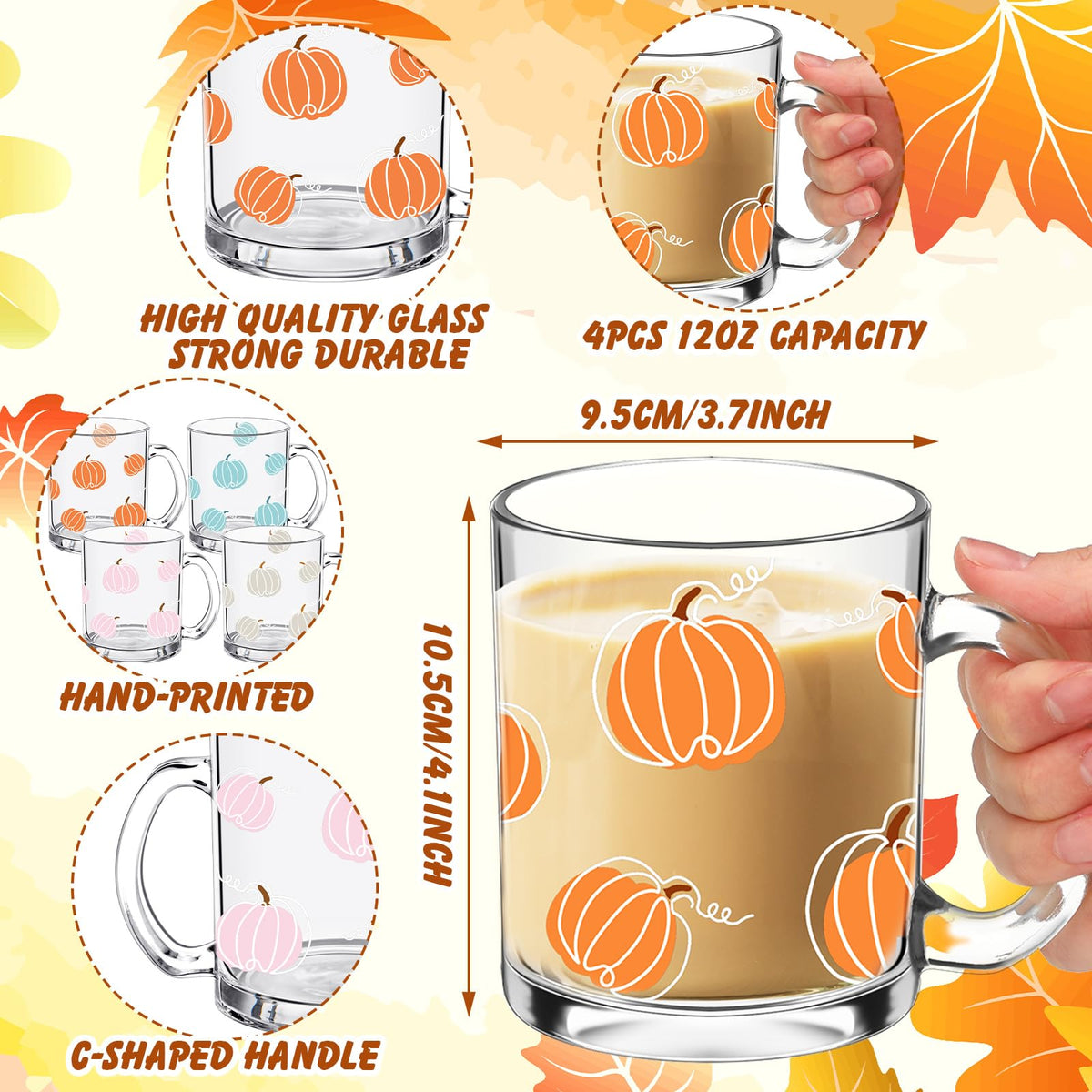 RimCereal 4 Pcs Thanksgiving Fall Glass Coffee Mugs with Handle Pumpkin Mug Cute Pumpkin Coffee Cups Autumn Harvest Fall Glass Cup for Drinking Beverage Tea Milk, 12oz