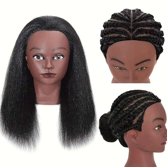 African Human Hair Mannequin Head for Braiding, 16 inch Cosmetology Manikin Doll Head with Real Hair for Styling Black Mannequin Head with Stand