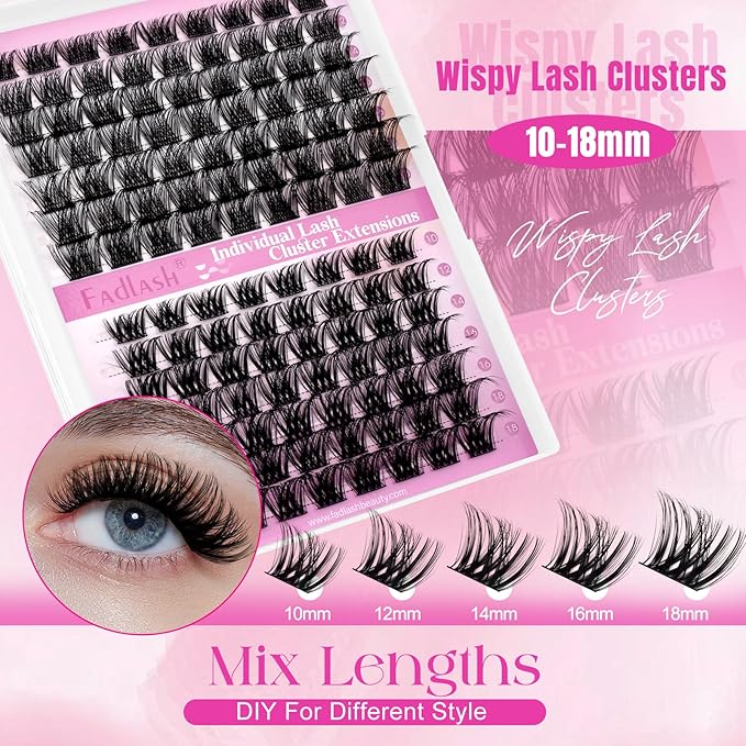 FADLASH Lash Clusters Individual Lashes 10-18mm Eyelash Clusters D Curl DIY Lash Extension Clusters Wispy Cluster Lashes (KLS52+ZW03-07D-Mix10-18)