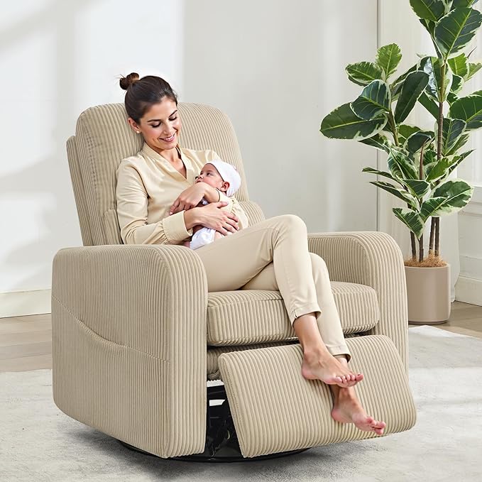 AEMEIOS Swivel Rocker Recliner, Oversized Manual Nursery Glider Rocking Recliner Chair with Removable Cushion, Upholstered Swivel Reclining Chair for Nursery Living Room Bedroom, Corduroy Camel