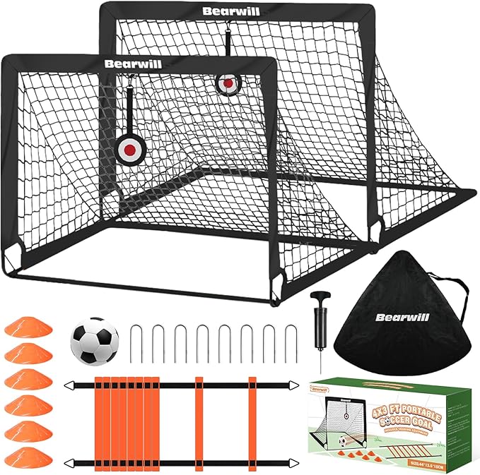 Bearwill Soccer Goal, Kids Soccer Goals for Backyard Set of 2, 4x3ft Portable Soccer Goal Pop Up Soccer Net, Kids Soccer N...