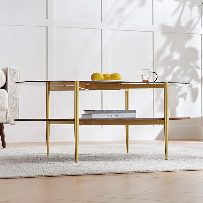 Pine Flicker Oval Glass Coffee Table, Mid-Century Modern Design, L42*W22*H17 inch, for Living Room, Amber Glass Top and Walnut Finish Wood Shelf, Conical Metal Legs with Gold Finish