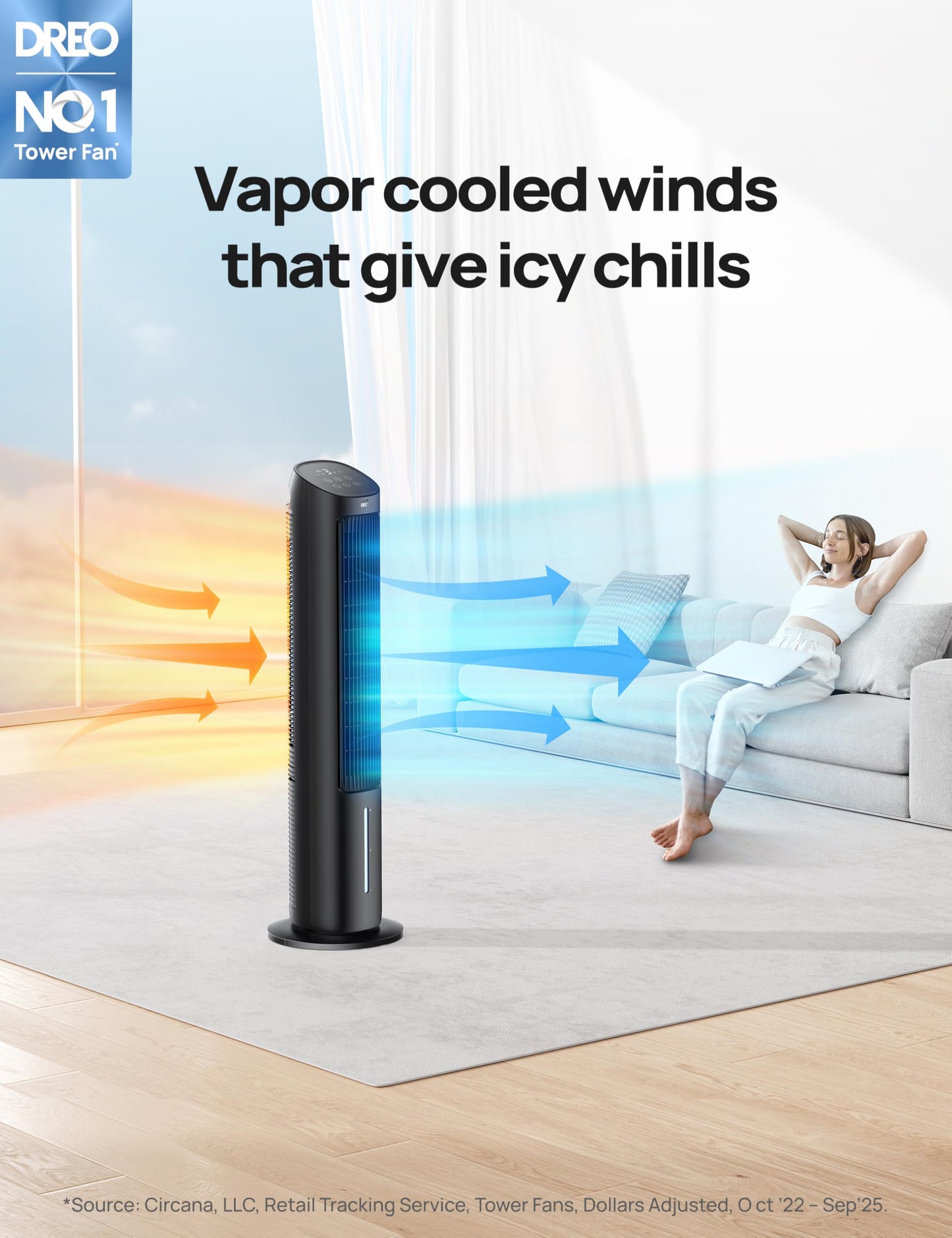 DREO Portable Air Conditioners Fan, 40” Standing Fans that Blow Cold Air, Portable AC，80° Oscillating Evaporative Air Cooler，Removable Water Tank, Ice Packs, Remote Control, 4 Speeds, 7H Timer, Black