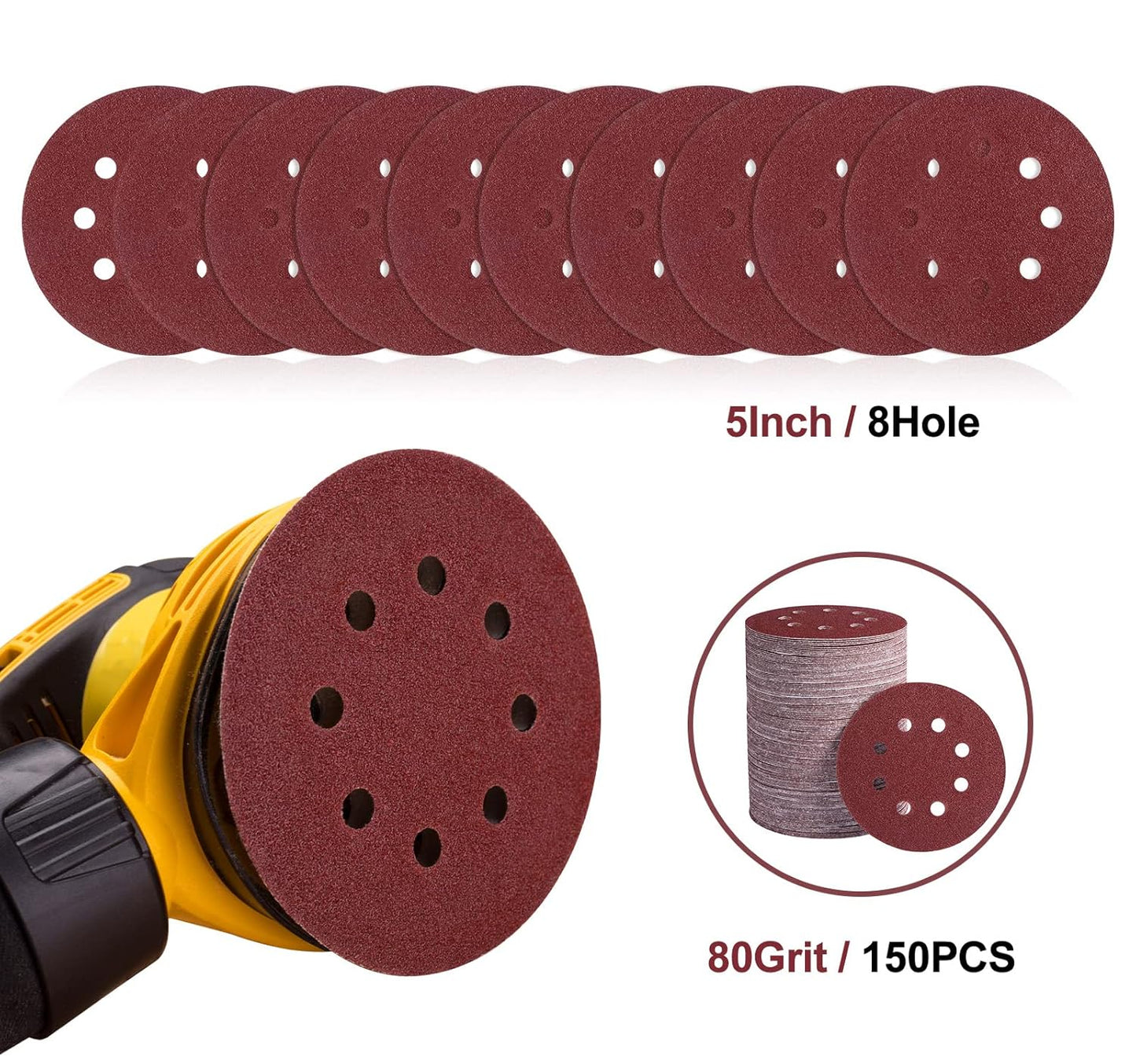 S SATC 150 PCS Sanding Discs 80 Grit Hook and Loop 5 Inch 8 Hole Adhesive Sandpaper for Woodworking and Automotive
