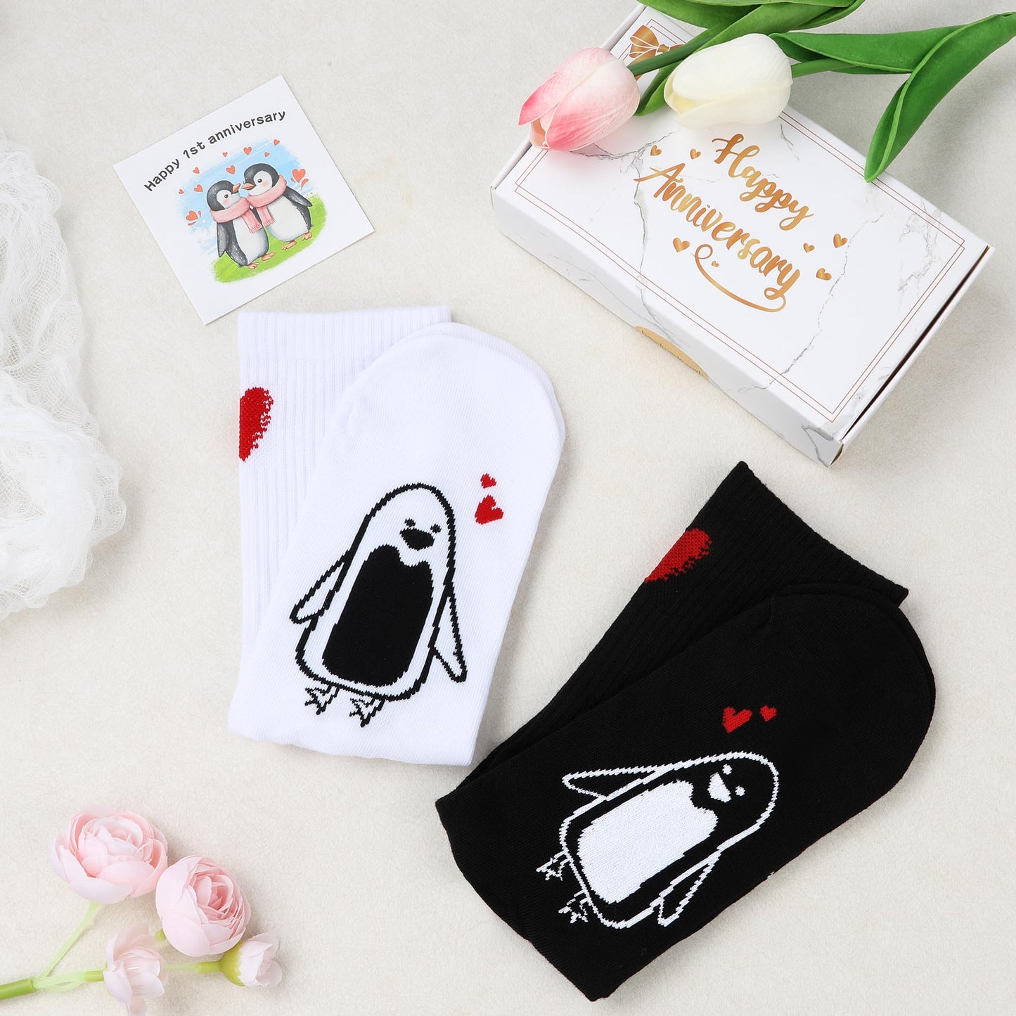 EcoUtens 1 Year Anniversary Romantic Gifts Set – 2 Pairs of Penguin Couple Socks with 1st Anniversary Card & Gift Box for Couples, Him, Her, Husband, Wife, 1 Year Wedding Anniversary