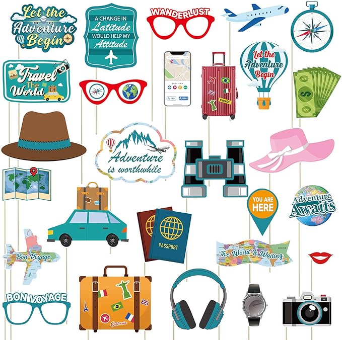 28pcs Travel Theme Photo Booth Props Let The Adventure Begin Decorations Bon Voyage Party Photo Props for Graduation Trave...