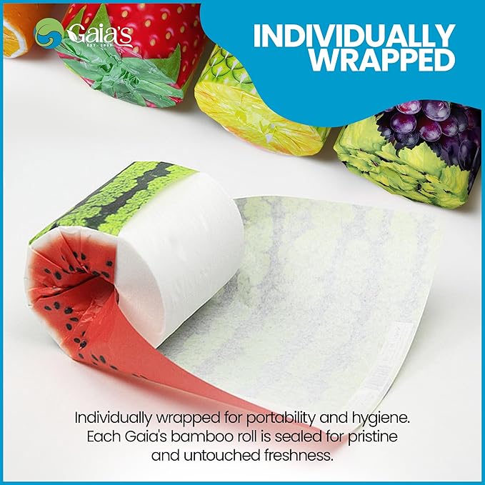 Gaias Premium and Soft Fruit TP Organic Bamboo Toilet Paper | 36 Mega Rolls, 3 Ply, 370 Sheets | FSC Certified, PFAS & BPA Free, Eco-Friendly, Sustainable Tissue - Plastic Free, Septic Safe, Vegan