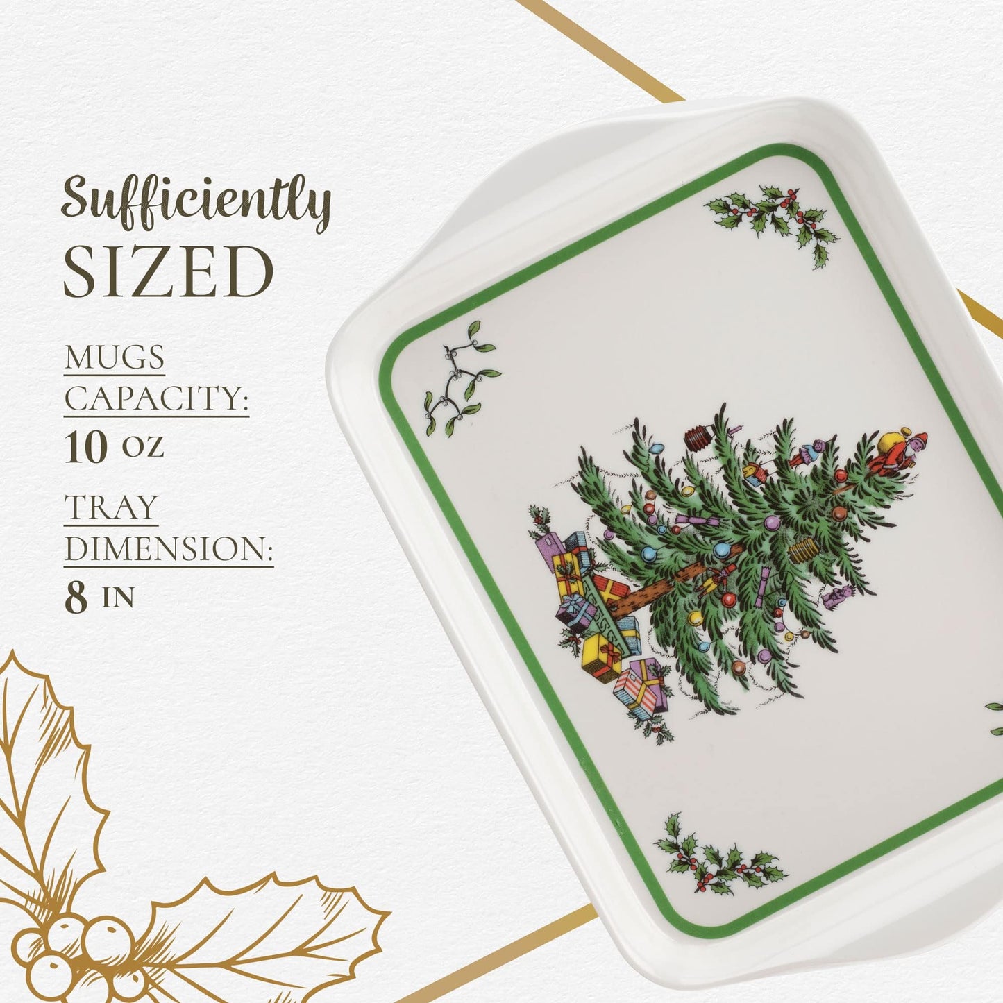 Spode Christmas Tree Nutcracker 10oz Mug & 8" Tray Set (3-Piece Set) - Festive Porcelain Mugs with Melamine Tray, Dishwasher & Microwave Safe - Holiday Gatherings & Entertaining
