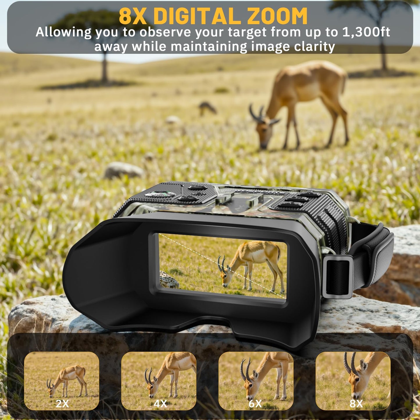 WOSPORTS 4K Night Vision Goggles with 1300FT Range, 8X Digital Zoom, 32GB Card, 15H Rechargeable Battery – Camo Design for Camping, Ideal Gift for Men