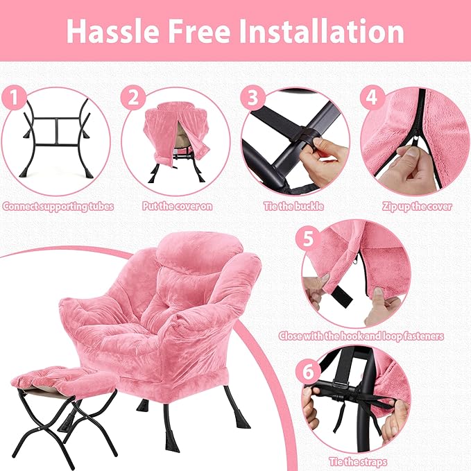 Youtanic Lazy Chair with Folding Ottoman, Accent Chair Plush Upholstered with Metal Structure and Non-Slip Pads, Sofa Armchair with Footrest and Side Storage Bag for Dorm, Room, Office, Pink