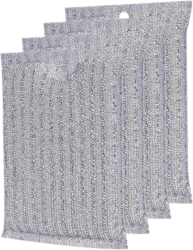 Non Scratch Scouring Pads 4 Pack - Double Sided Silver Silk Dish Sponge with Wire Scrubber | Heavy Duty Kitchen Cleaning for Pots Pans Top Sink | Safe for Nonstick Cookware Stainless Steel Cast Iron