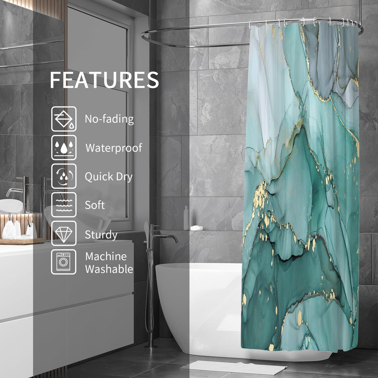 Gibelle Abstract Teal Marble Shower Curtain, Turquoise Marble Shower Curtain for Bathroom, Modern Ink Art Decor Waterproof Fabric Shower Curtain Set with Hooks, 72x72