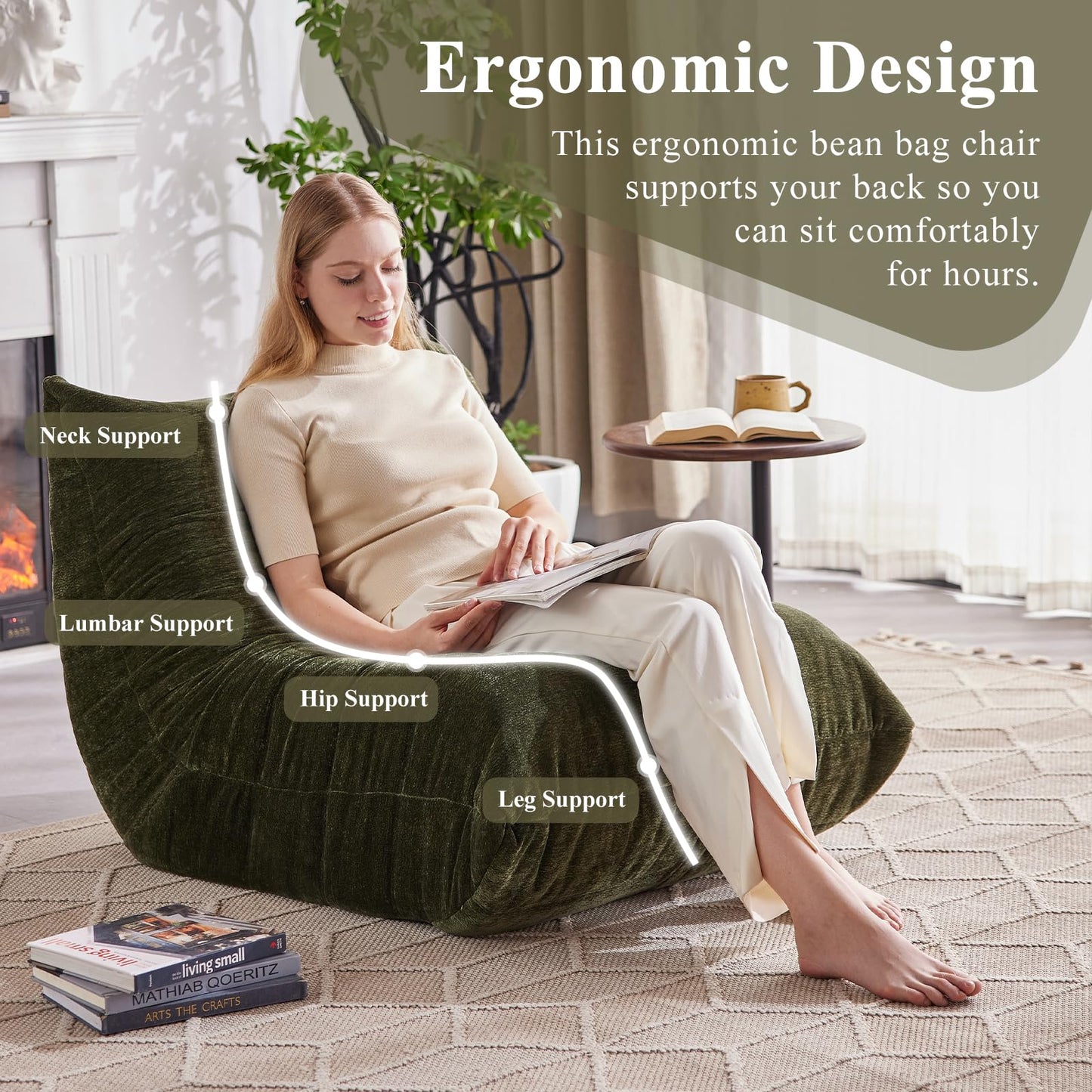 SUYOLS Bean Bag Chair, Fireside Chair Big Bean Bag Sofa for Adults/Teens, Memory Foam Bean Bag Gaming Chairs with Comfy Design & Premium Fabric, Lazy Floor Sofa for Living Room, Bedroom, Olive Green