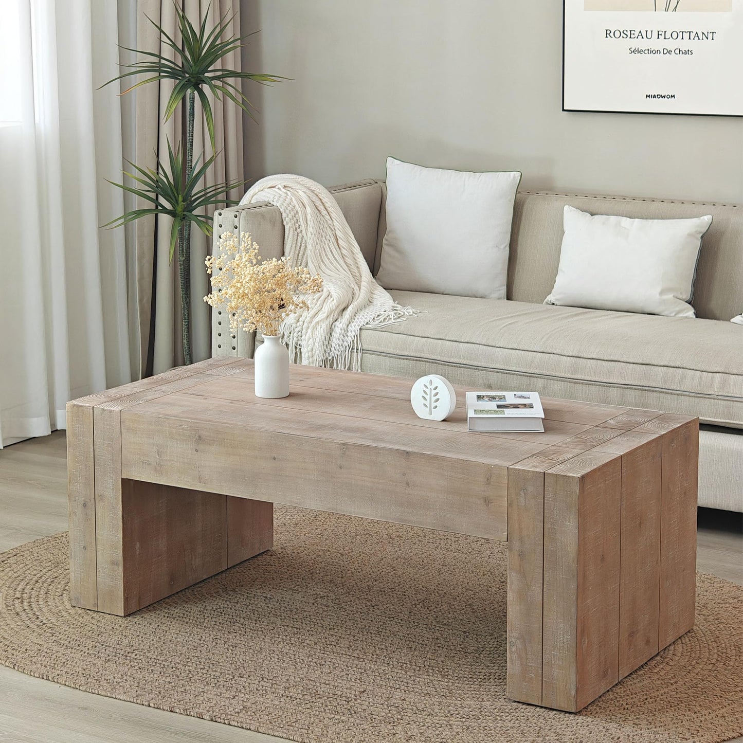 KEIKI Modern Farmhouse Coffee Table, Natural Wood Living Room Tea Table with Thick Top Design, Natural