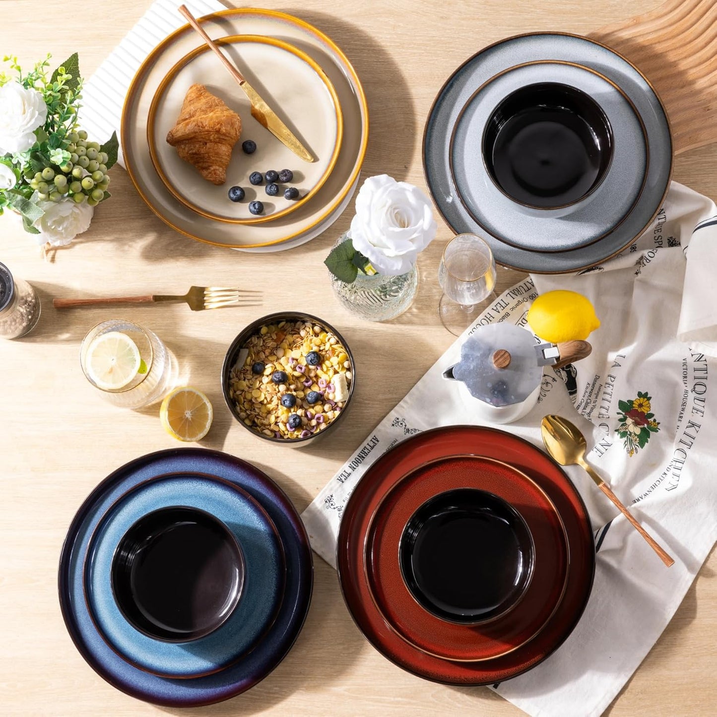 LeRatio Ceramic Dinnerware Sets for 6,Porcelain Plates and Bowls Sets,Handmade Reactive Glaze Dishes Set,Chip Resistant and Scratch Resistant | Oven&Dishwasher & Microwave Safe)-Colorflu(18PCS)