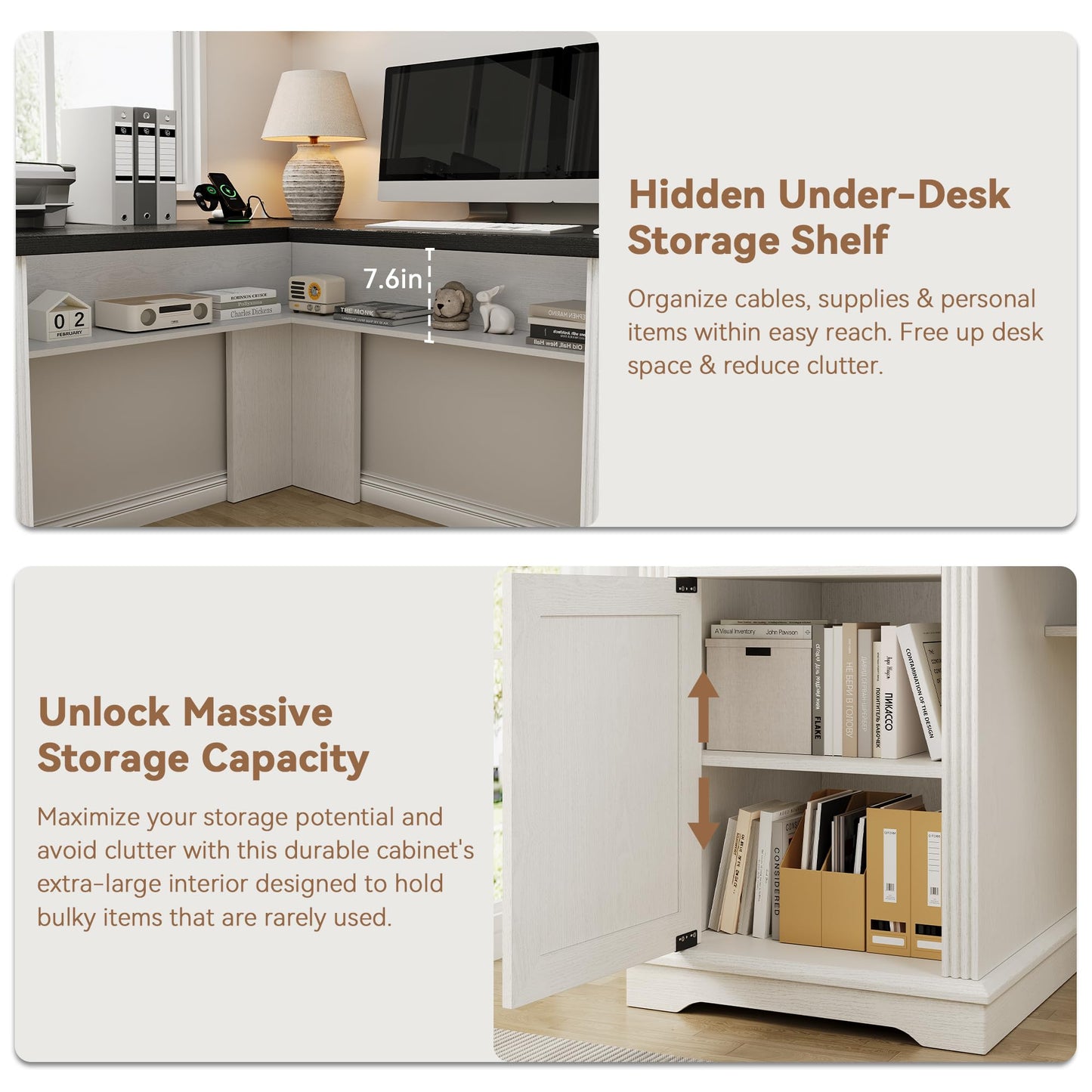 Farmhouse L Shaped Executive Desk with 4 Drawers, Home Office Desk with Hidden Under-Desk Storage Shelf and Charging Station, File Cabinet Storage, Wood Corner Computer Desk for Work and Study, White