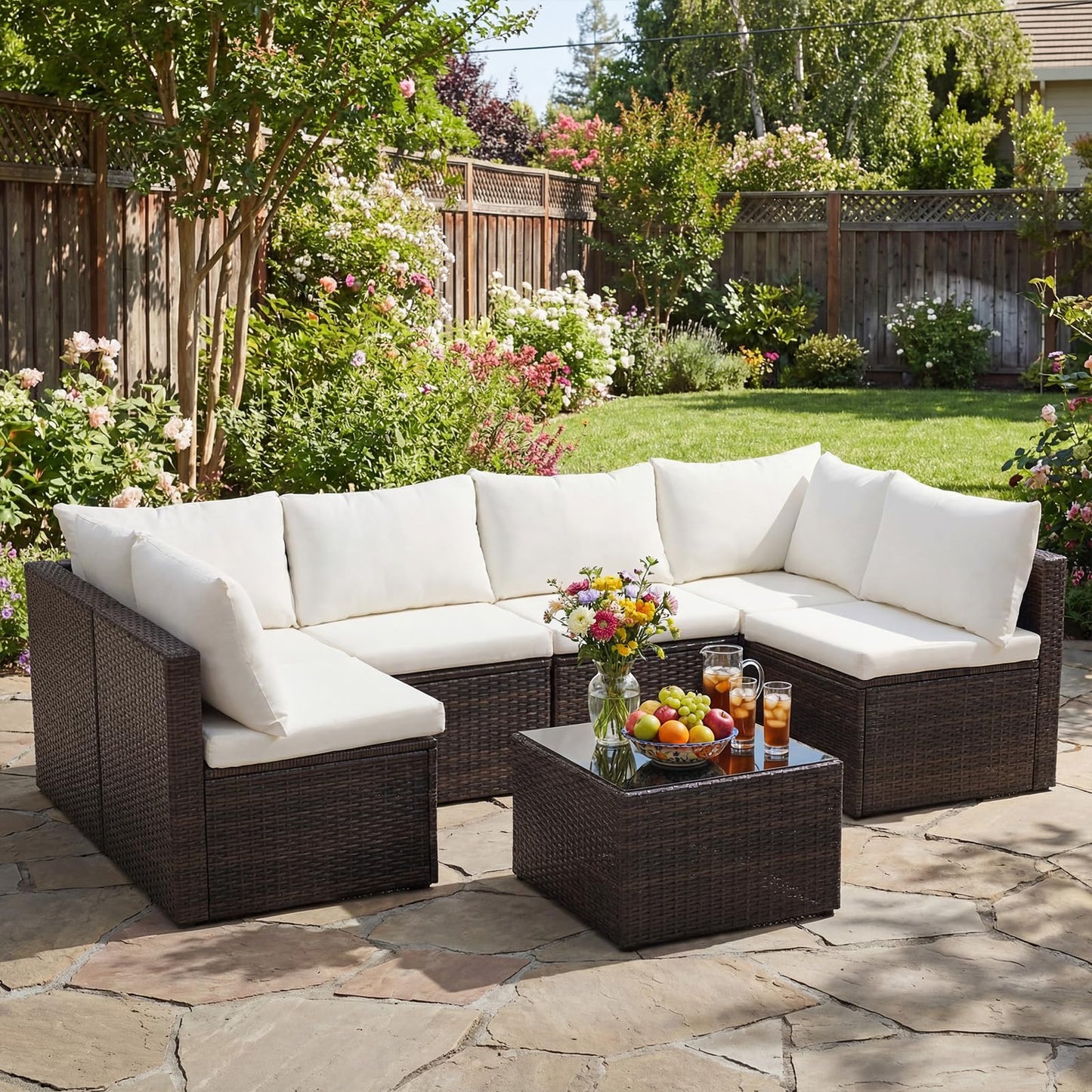NEWBULIG 7-Piece Outdoor Patio Sectional Sofa, Weather-Resistant Modular Wicker Rattan Furniture Set with 2.8" Cushions, Tempered Glass Table & Adjustable Feet for Deck, Backyard, Poolside (Brown)