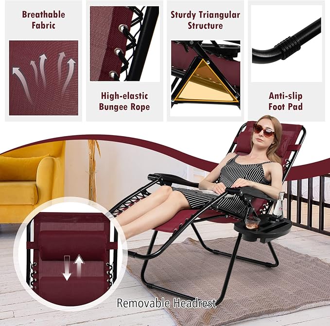 Tangkula Zero Gravity Chair, Folding Patio Lounge Chair Adjustable Outdoor Recliner with Cup Holder, Wide Armrest for Patio Garden Poolside Outdoor Yard Beach, Support 350 lbs (2, Wine)