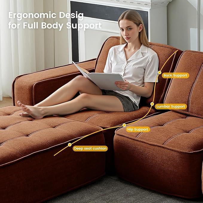 108" Boneless sectional Couch for Living Room,Convertible L-Shape Fleece Couches with Ottoman, Cloud Modular Sofa with Deep Seat for Bedroom, No Assembly, Orange