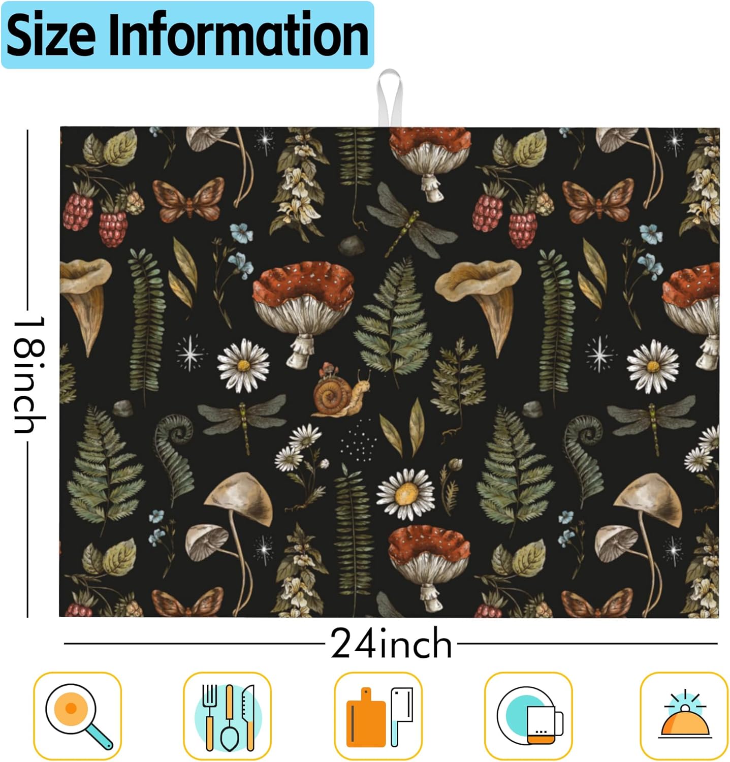 Large Dish Drying Mat for Kitchen Counter,18"X24" Amanita Mushroom and Forest Plants Absorbent Reversible Microfiber Dish Drying Mat Dish Drainer Mat Drying Pad for Kitchen Countertop Coffee Bar