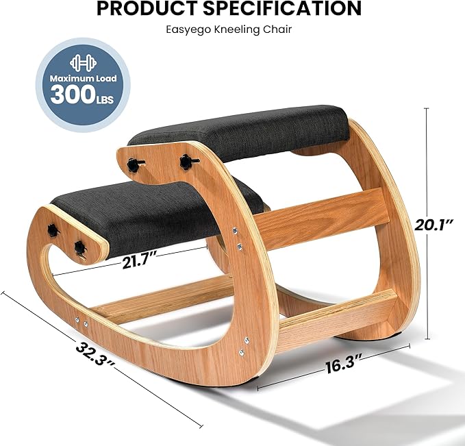 Easyego Kneeling Chair Ergonomic Posture Chair, Wood Adjustable Rocking Knee with Soft Padding, Natural Relief for Neck or Back Pain for Home Office, Max Load 300 lb - Black