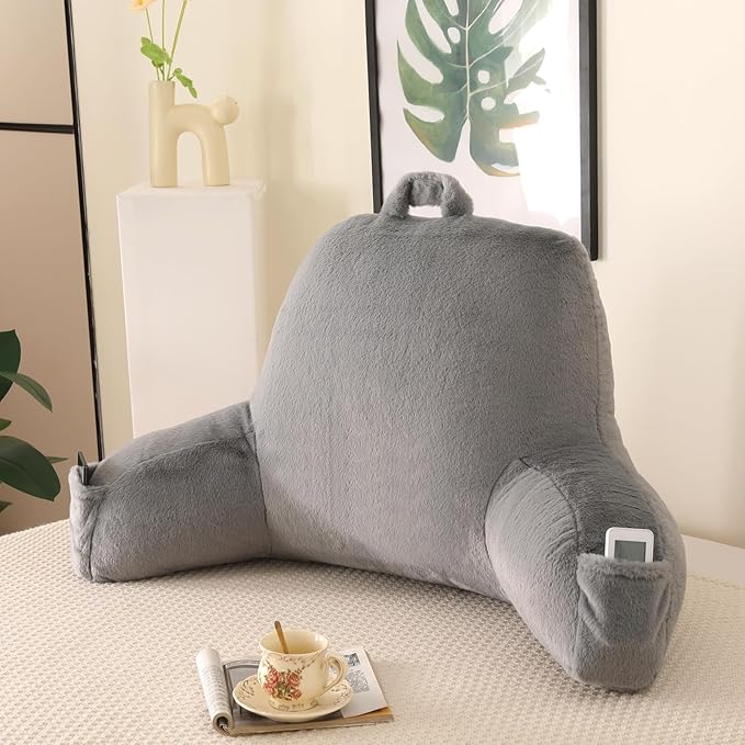 PAJEO Reading Pillow for Sitting in Bed, Large Backrest Reading Pillow with Arm Rest,Back-Rest Support Cushion for Sit Up on Couch, Sofa, and Floor, Dorm Essentials (Gray Faux Fur, Standard(17"))