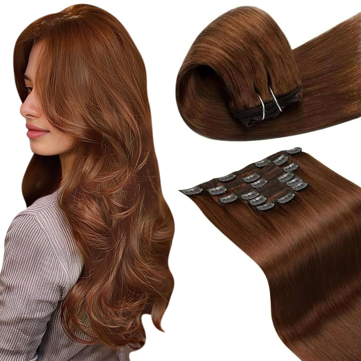 LaaVoo Human Hair Clip in Extensions Auburn 24 Inch Clip in Hair Extensions Real Human Hair Aubrun Brown Hair Extensions Clip in