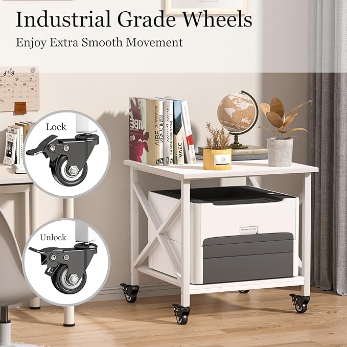 TQQDCI Printer Stand, 23.6 x 23.6 Inches Large Printer Stand with Storage Shelf, 2 Tier Printer Table for Home Office, Rolling Printer Cart with Industrial Wheels, Mini Fridge Stand Table, White