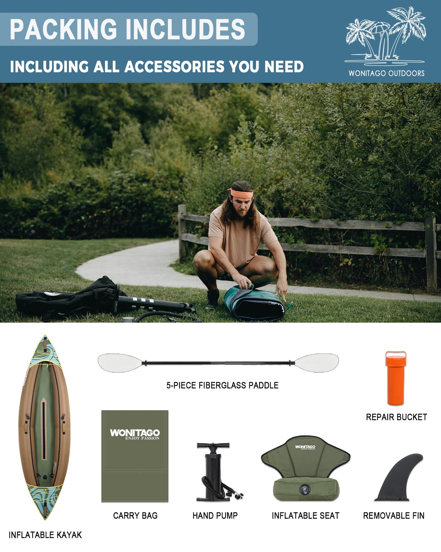 WONITAGO Inflatable Kayak, Recreational Touring Kayak with Adjustable Kayak Paddle, Hand Pump and Carrying Bag, 1 Person, Brown