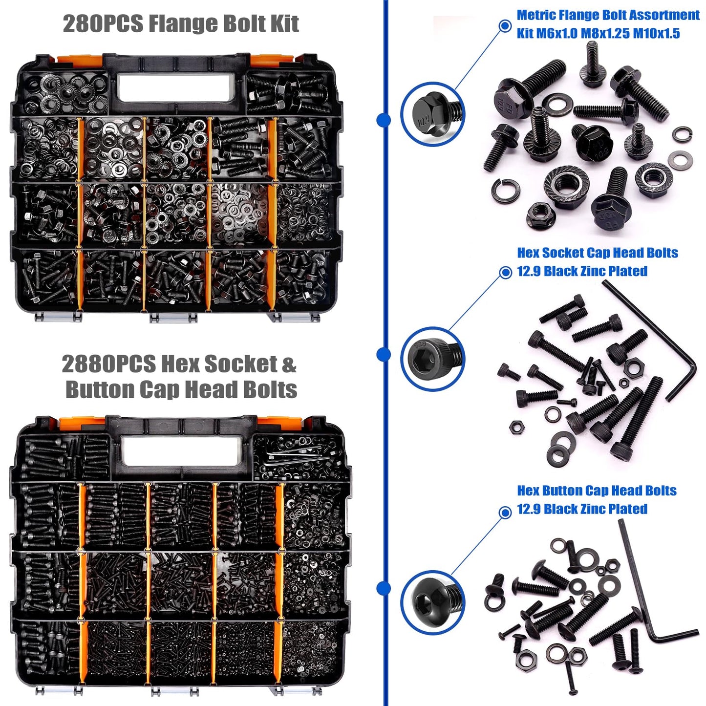 Taiss 3160PCS Metric Flange Bolt Assortment Kit,Nuts and Bolts Assortment Kit M2 M3 M4 M5 M6x1.0 M8x1.25 M10x1.5 Bolt(4-45mm) 42 Sizes Hex Socket Button & Cap Head Metric Screw 10.9 Black Zinc Plated