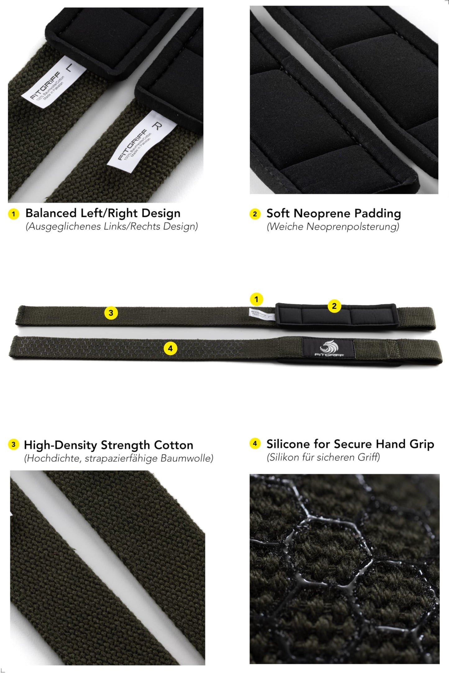 Fitgriff® Lifting Wrist Straps for Weightlifting, Gym, Deadlift, Workout (Made of Premium Cotton & Padded) - Men & Women (Standard, Army Green (Silicone-Grip))