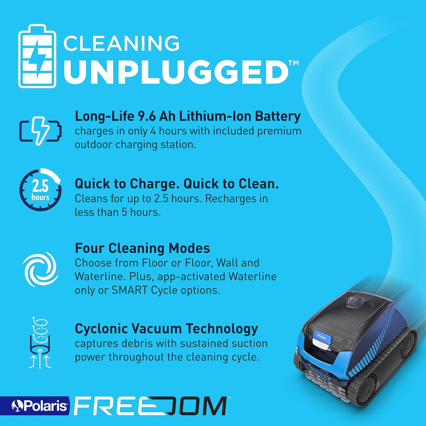 Polaris Freedom Cordless Robotic Pool Cleaner, Cable-Free for All In-Ground Pools up to 50ft, Four Cleaning Modes & Intelligent Cleaning Technology