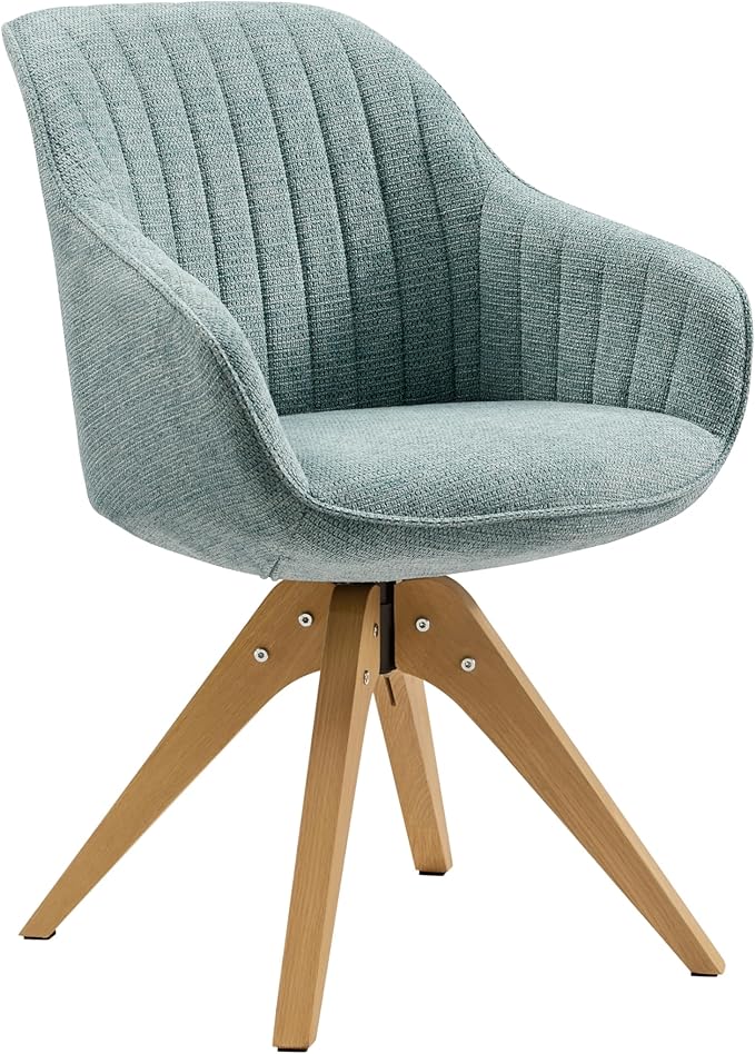 Art Leon Swivel Dining Chair - Mid Century Modern Fabric Upholstered Kitchen Dining Room Chair with Oak Wood Legs, Leisure Side Chair with Arms for Living Room, Light Blue
