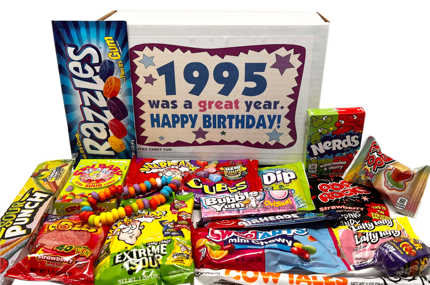 RETRO CANDY YUM ~ 1995 30th Birthday Nostalgic Candy Gift Basket Box 90s Assortment from Childhood Memories for 30 Year Old Woman or Man Born 1995 Jr