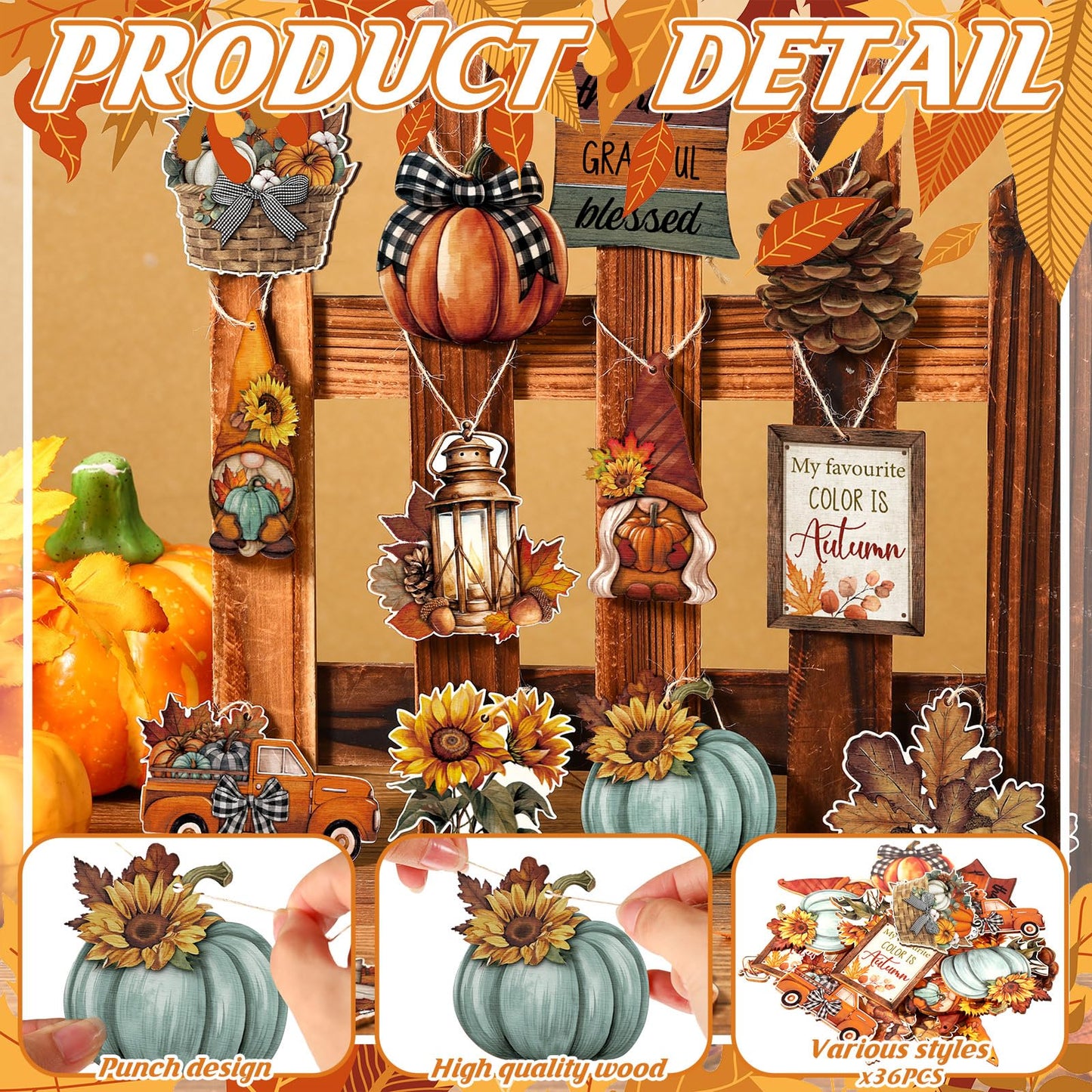 FairySandy 36 Pcs Fall Ornaments for Tree Fall Thanksgiving Tree Decorations Gnomes Wooden Hanging Ornaments Pumpkins Leaves Flowers Cutouts Autumn Decorations for Holiday Party Supply(Classic Style)