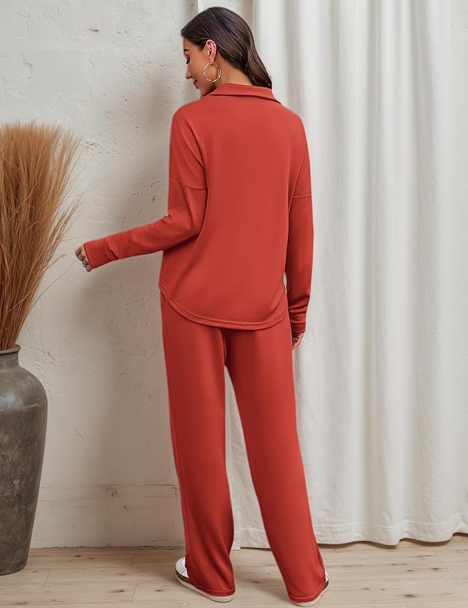 Totatuit Womens Sweatsuits 2 piece Set Lapel Half Zip Lightweight Sweatshirts and Wide Leg Pants Tracksuit Lounge Sets