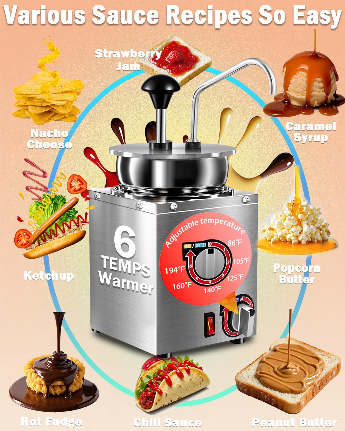 Nacho Cheese Dispenser, 4.6 Qt Nacho Cheese Warmer with Stainless Steel Pump, Hot Fudge Warmer with 6-Level Temperature Adjustment, Commercial Sauce Dispenser Machine for Butter Cheese Caramel Syrup