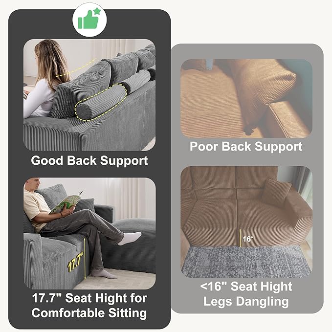 113" Modular Sectional Sofa, Compression Sofa with Deep Seat, Convertible L Shape Couch with Ottoman, Upholstered Couches for Living Room Bedroom,No Assembly Required (Grey Corduroy, 113" L Shape)