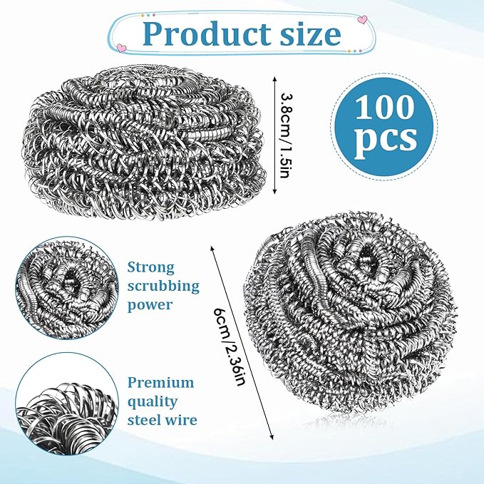 SHENLIU 100 Pieces Stainless Steel Scrubber Bulk, 15 Gram Metal Scourers Scourers Steel Wool Scrubbers for Cleaning Kitchen Bathroom Household and More
