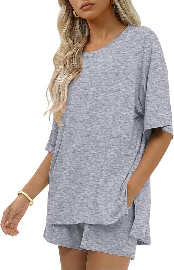 Ekouaer Womens 100% Cotton 2 Pieces Short Sets Summer Short Sleeve Outfits Casual Maching Lounge Set with Pockets