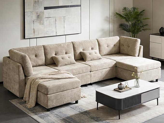 VANOMi 4 Seater Modular Cloud Sofa with 2 Ottomans, 118" Sectional Sofas & Couches for Living Room, Comfy Chenille Cloud Sectional Couch Sofas for Living Room, Apartment, Office, Camel, U Shaped