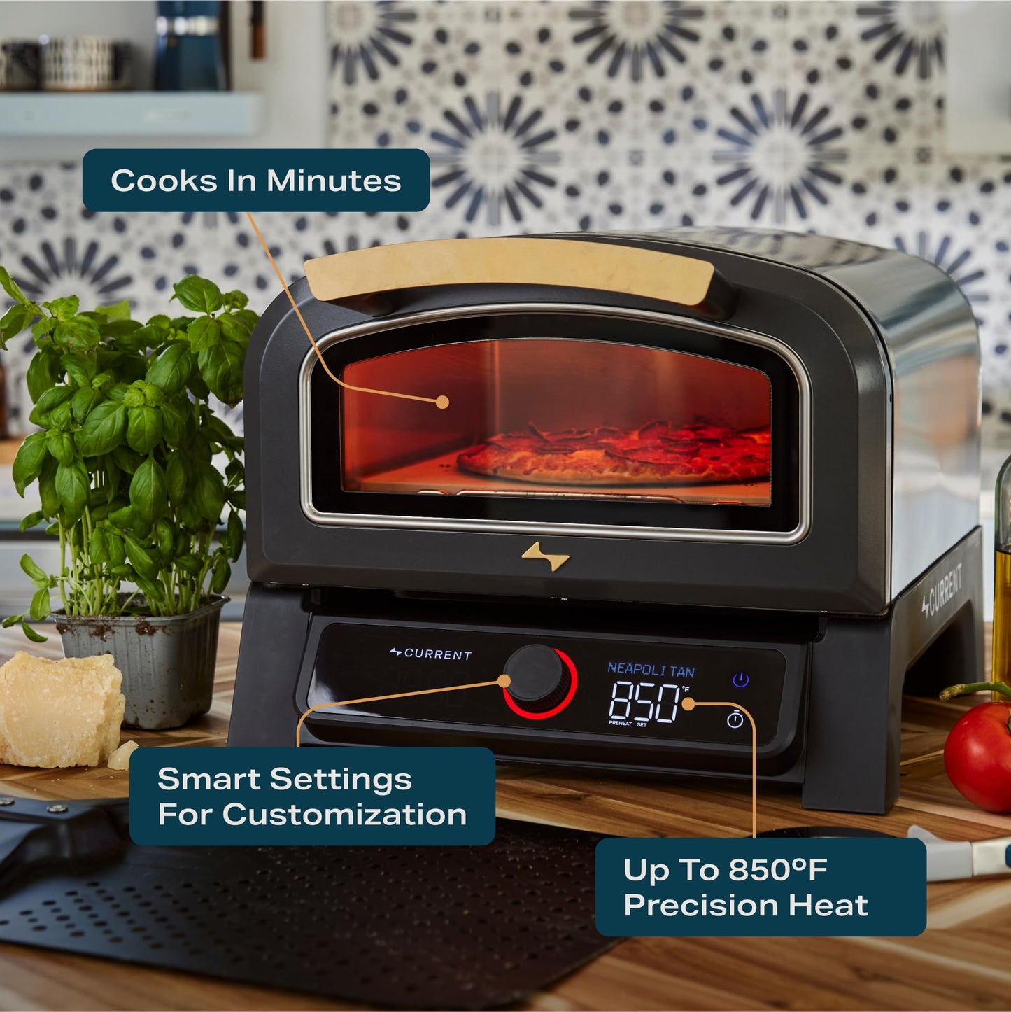Current® Model P Smart Electric Pizza Oven, 12-Inch, 850°F Max, 5 Cooking Modes, App Connectivity for Temperature Monitoring & Custom Cooking Times, Compact for Indoor & Outdoor Use, Sand