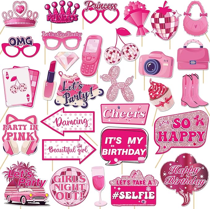 30Pcs Pink Girl Birthday Photo Booth Props with Sticks,Hot Pink Girls Birthday Party Decoration Supplies for Girls Women D...