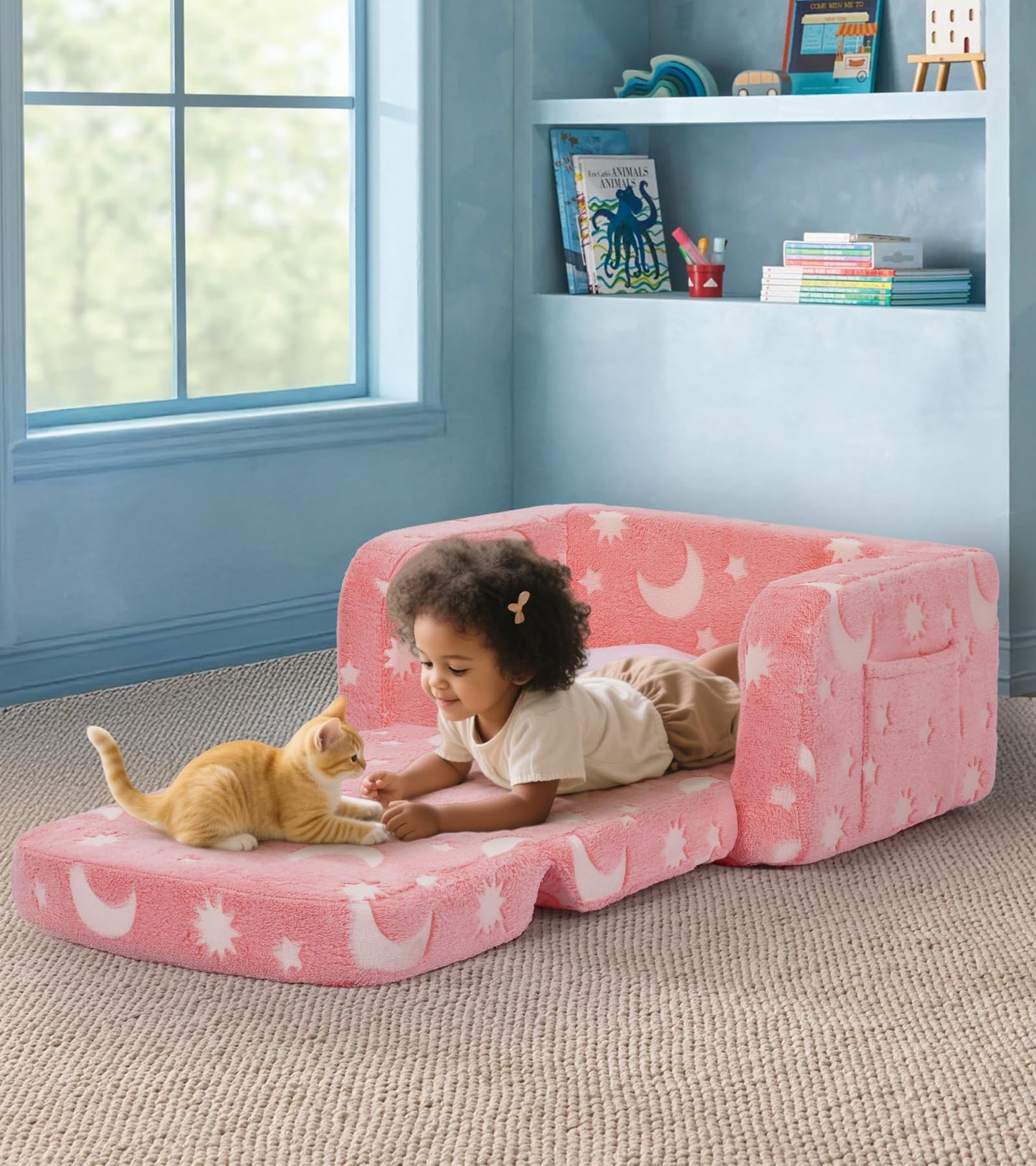 Kids Couch, 2-in-1 Soft Toddler Couch Fold Out with with Blanket and Cloud Pillow, Glow in The Dark, Convertible Sofa Comfy to Lounger, Gifts for Kids Girl Boys, Medium Pink Moon