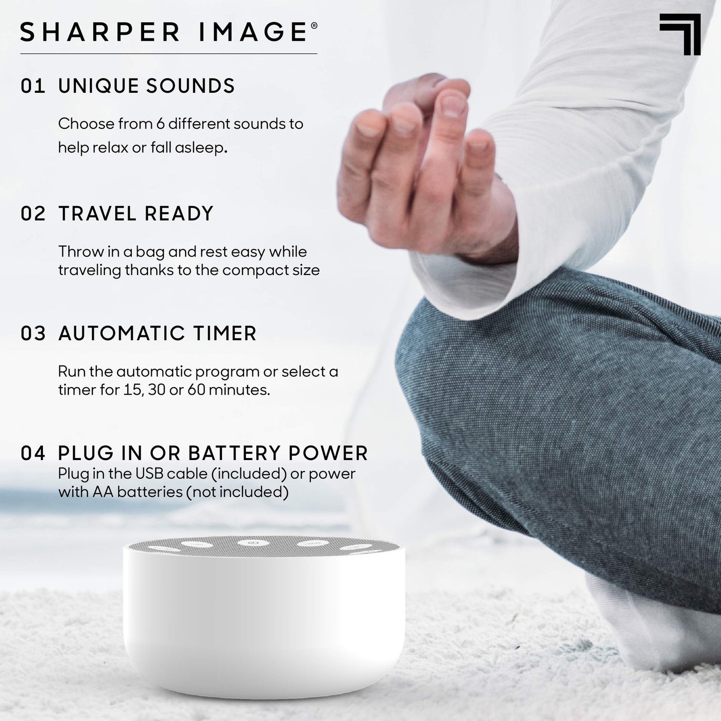 Sharper Image White Noise Sound Machine, Sleep Sounds to Support Restful Sleep, Meditation & Relaxation Naps, 6 Soothing Nature Soundscapes for Baby, Kids & Adults, Portable for Home & Travel